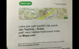Dopis s oceněním pro Jan Teplický – Krédo za nejlépe hodnocená místa a pět hvězdiček na Mapy.com pro rok 2026.